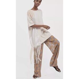 Zara Cream 100% Cotton Western Country Long Sequin Fringe Tee Shirt Top Blouse S